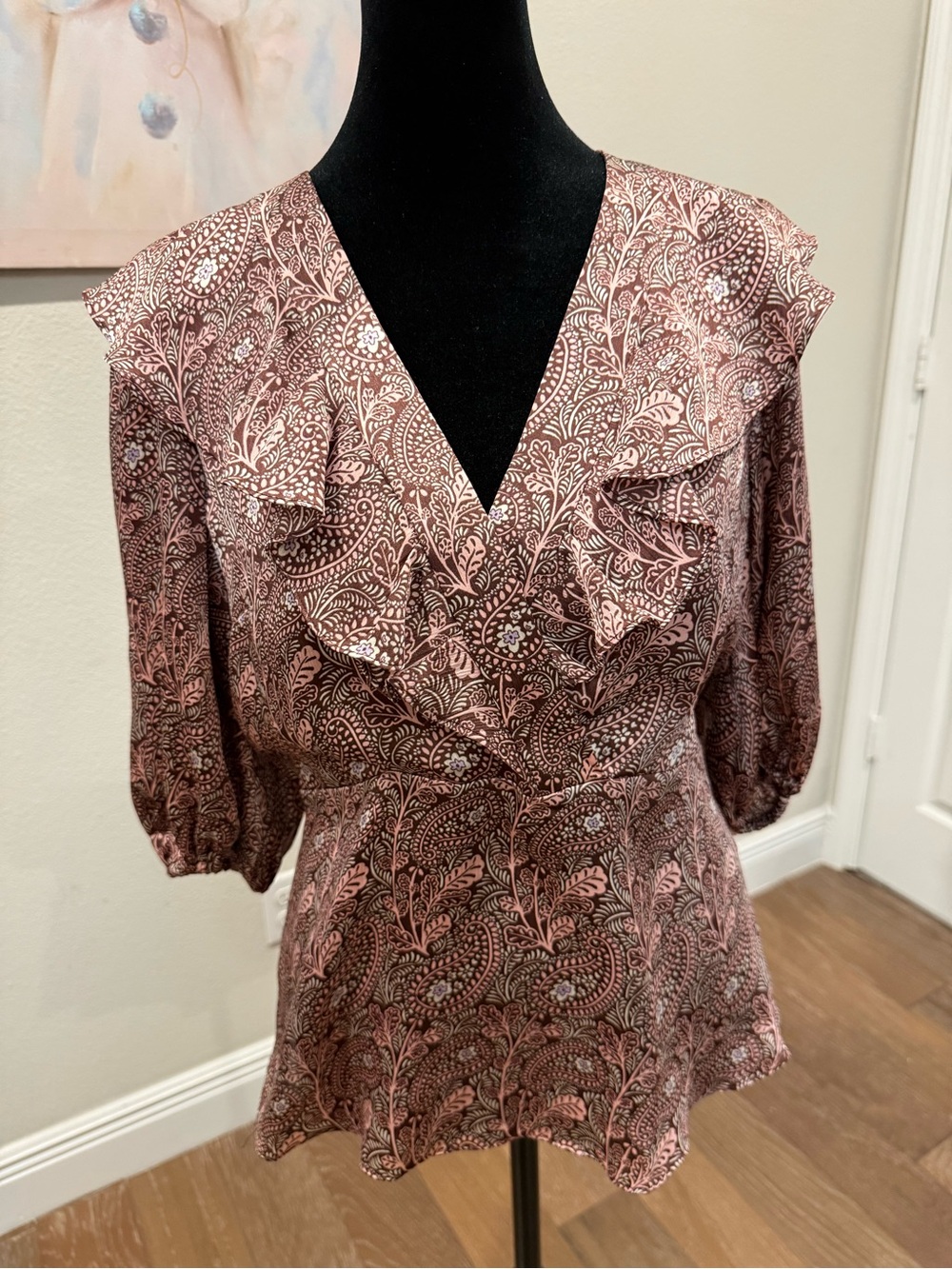 Ted Baker Rose-Pink Paisley V-Neck Ruffle Blouse